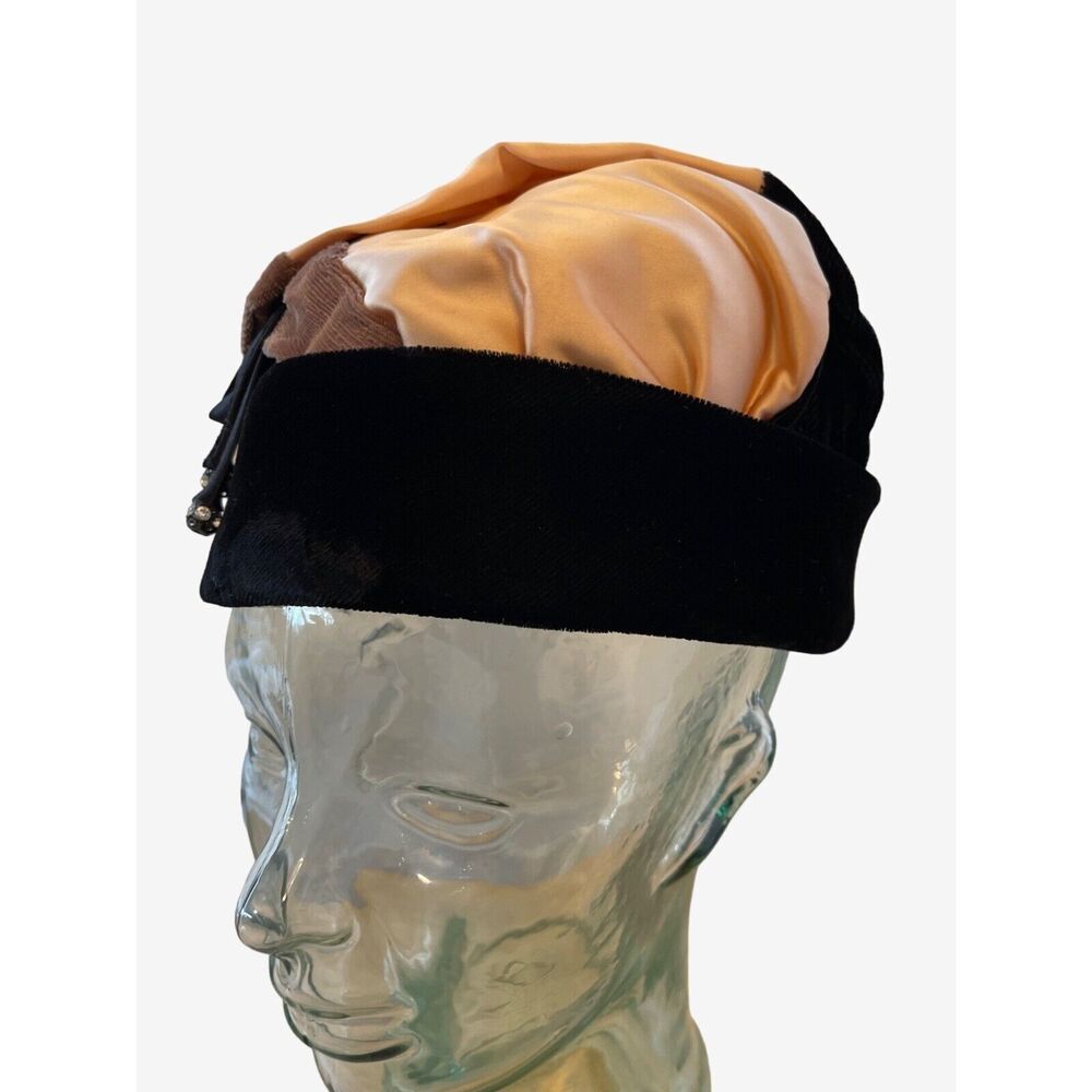 TriColor Bumper Toque Velvet Satin Hat‎ Black Brown Beige MId Vintage 1950s